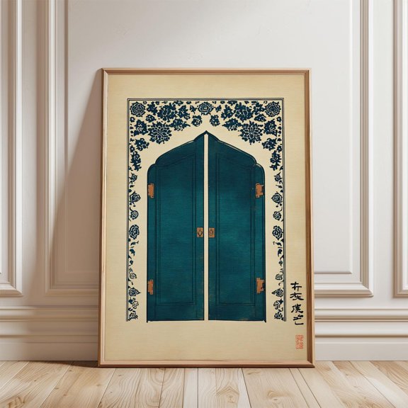 Blue Floral Double Door Poster, Unframed Paper Poster 8x10in