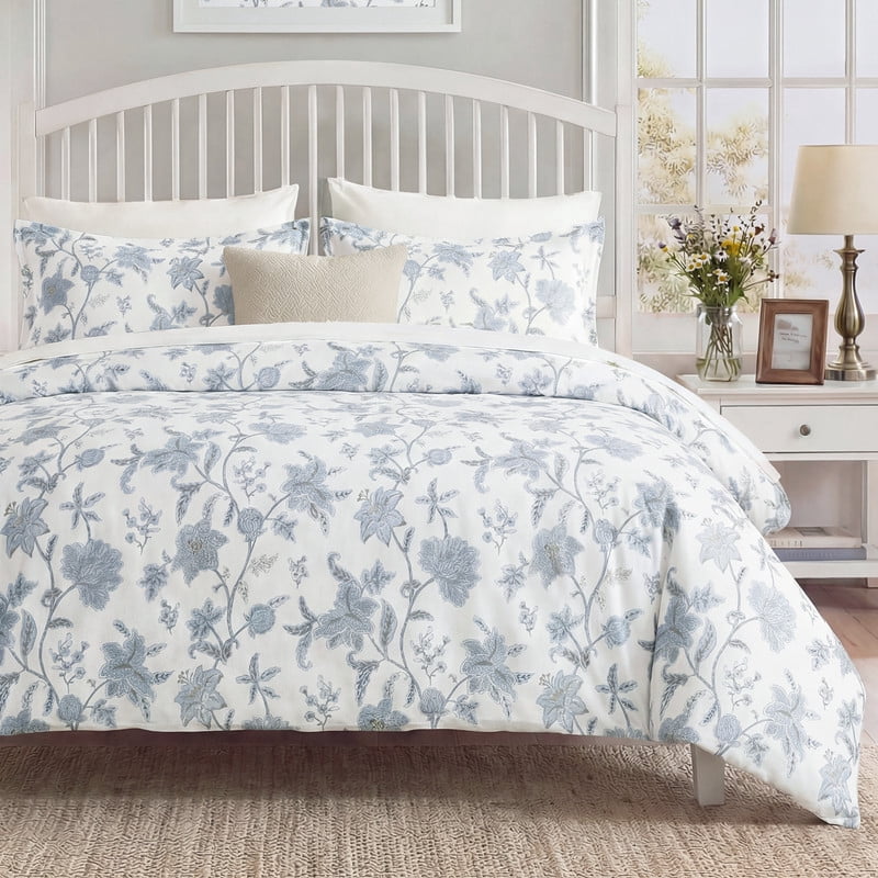 Blue Floral Duvet Cover King Size, 100% Cotton Bedding Set with Zipper Closure & Corner Ties, Soft Breathable Branches Botanical Floral Duvet Cover Set for All Seasons