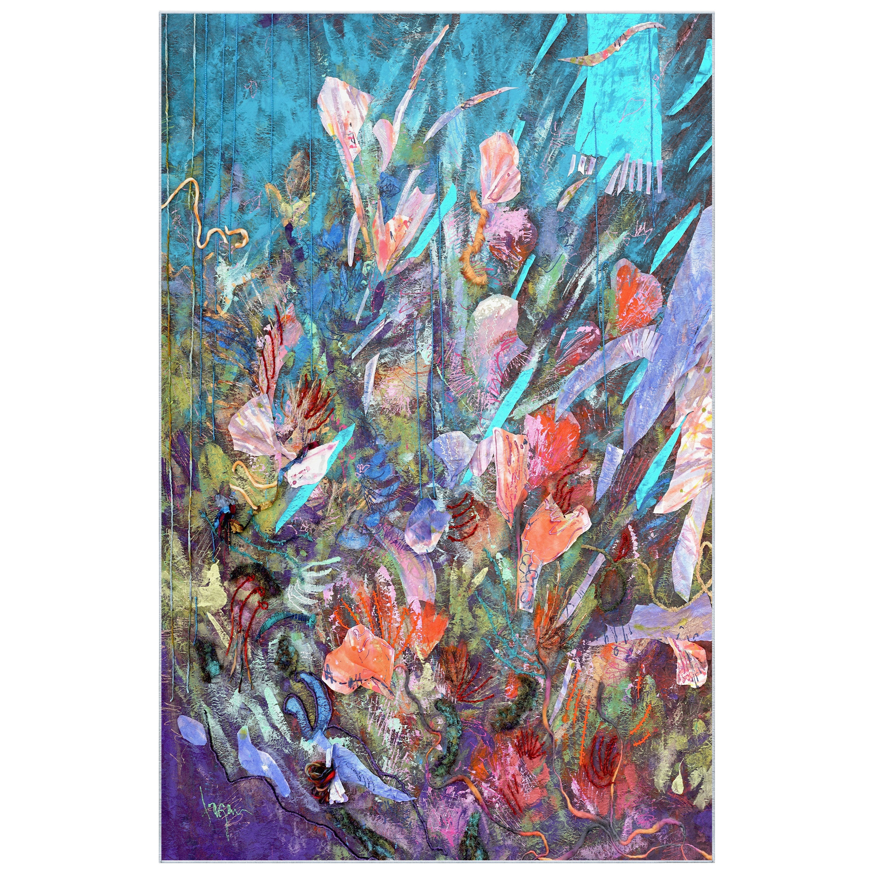 Blue Floral Efflorescence Washable Art Area Rug size 5'x8'
