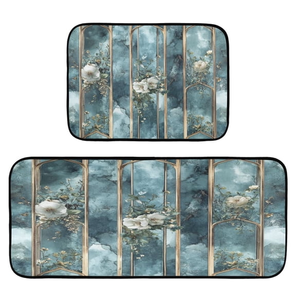 Blue Floral Elegance 2-Piece Kitchen Carpet Mat Set, Non-Slip Memory Foam, Soft for Kitchen and Living Room Use