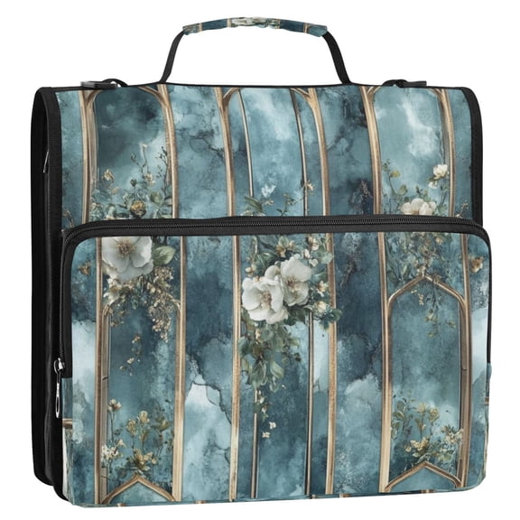 Blue Floral Elegance 3-Ring Binder Bag 13.6x12.4x3.5in Water-Resistant Canvas for School or Office Use