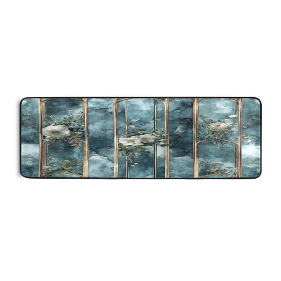 Blue Floral Elegance 72x24" Runner Rug, Non-Slip Memory Foam Cushion, Anti-Crease for Hallways and Bedrooms