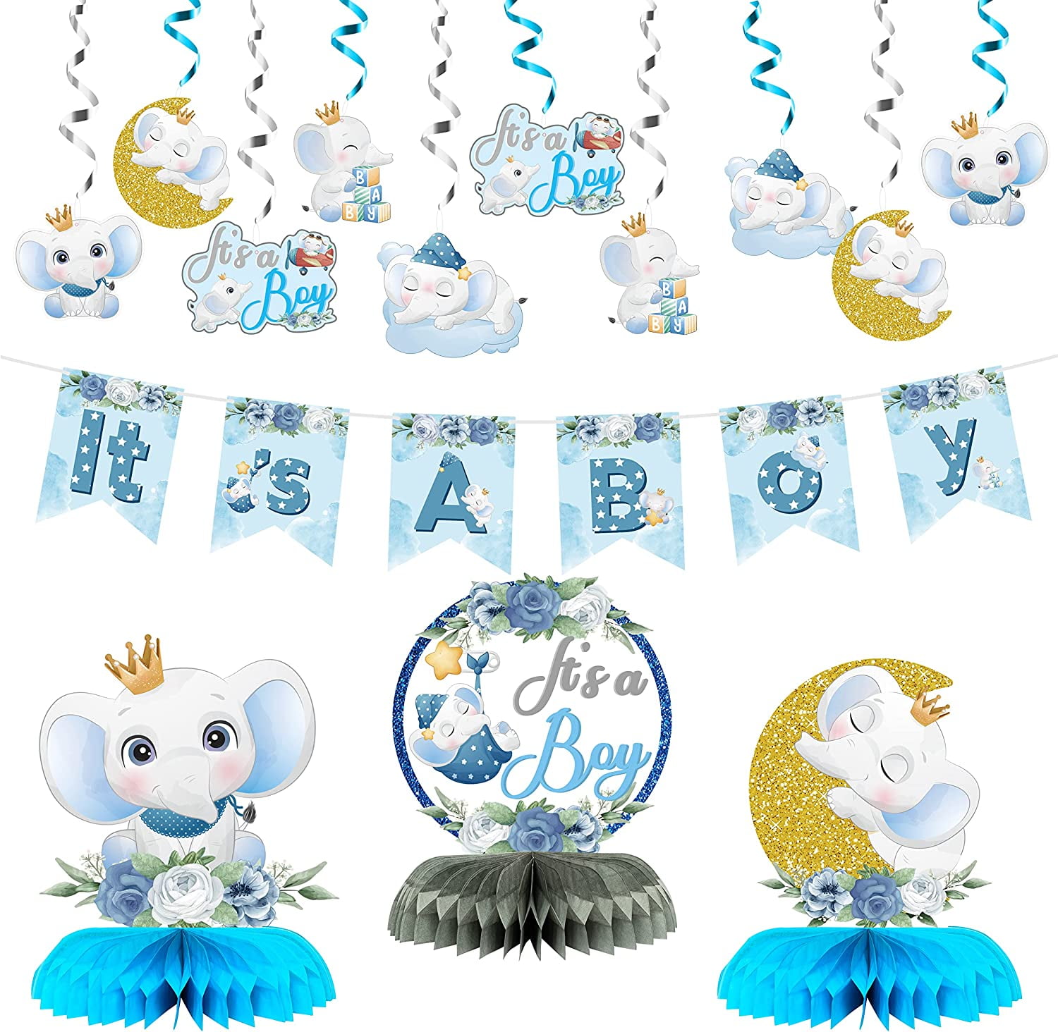 Blue Floral Elephant Baby Shower Decorations It's A Boy Centerpieces