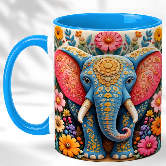 Blue Floral Elephant Coffee Mug, Boho Animal Mug, Ceramic 11 oz