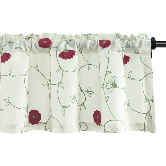 VOGOL Blue Floral Embroidered Linen Valance, Rod Pocket Light Filtering Kitchen Curtain, 52x18inch, One Piece