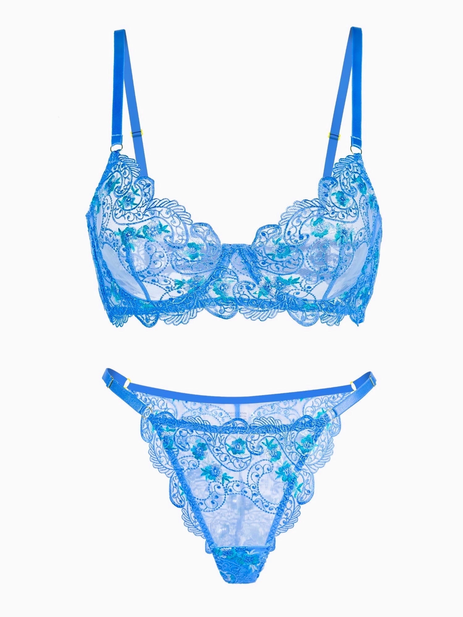Blue Floral Embroidery Lingerie Set (BLUE, S)