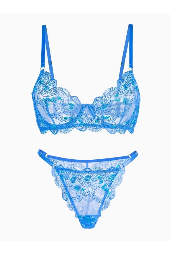 Blue Floral Embroidery Lingerie Set (BLUE, S)