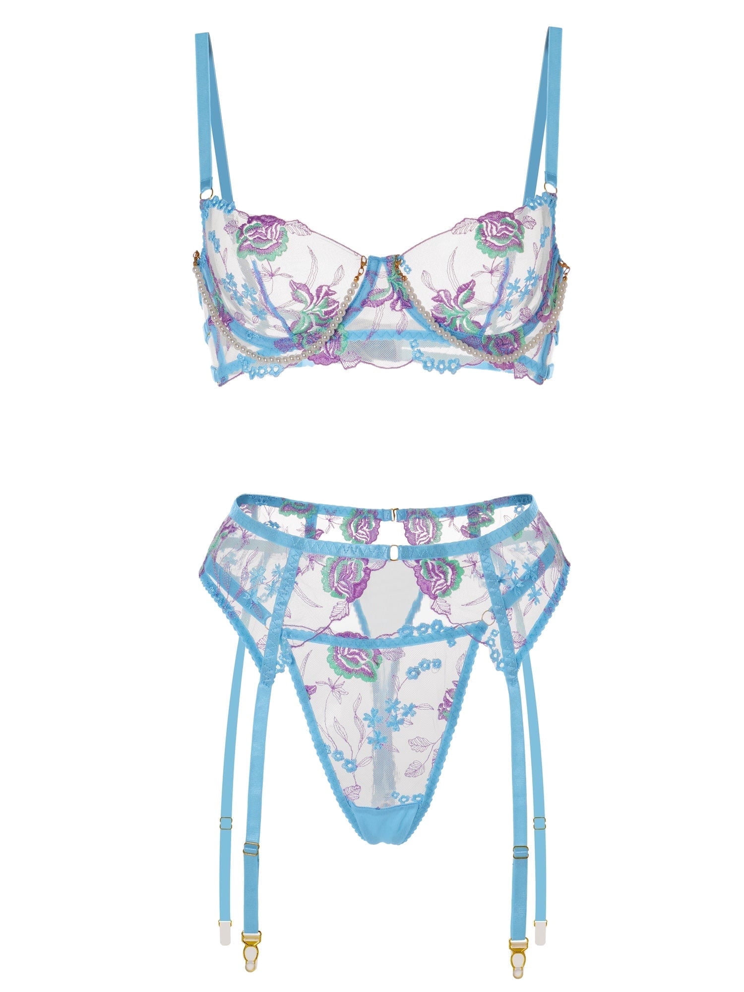 Blue Floral Embroidery Pearl Chain Lingerie Set (BLUE, M)