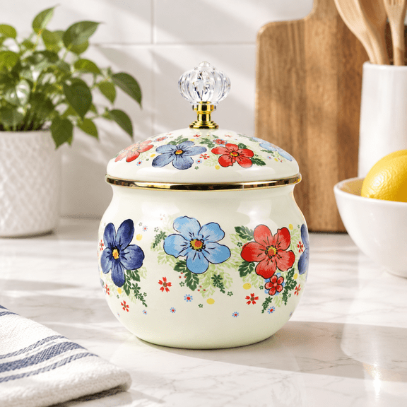 Blue Floral Enamel Food Storage Jar, 3.82x3.82x3.82 inches, Retro Condiment Canister