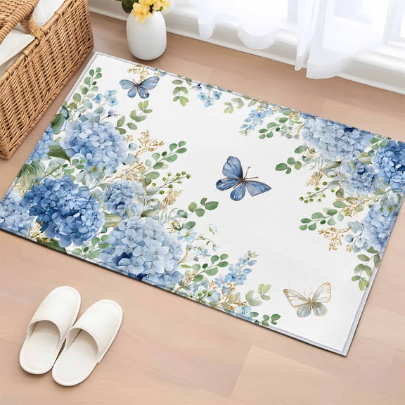 Blue Floral Entryway Rug 2'x3' Summer Country Blue Hydrangea Floral Butterfly Small Area Rug Non-Slip Front Door Mat Washable Floor Carpet for Indoor Entrance Kitchen Bathroom