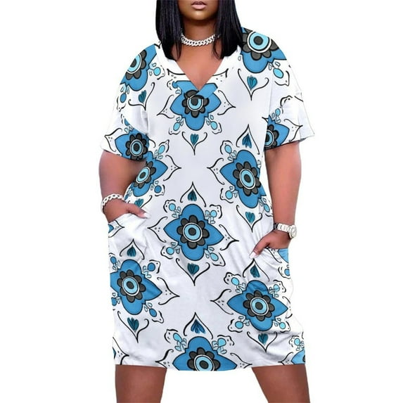 Blue Floral Eye Pattern Seamless Design Summer Sundress for Curve Women Casual Pattern Plus Size V Neck Short Sleeve Loose Fit Oversize Dresses