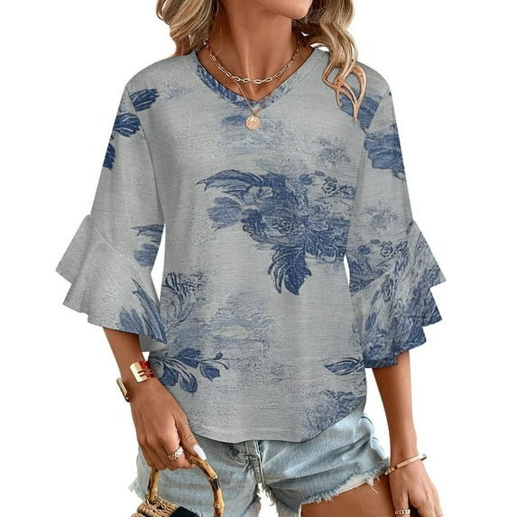 Blue Floral Fabric Design Print Women's V-Neck Blouse With 3/4 Ruffled Bell Sleeves Casual Top Ladies Blouses