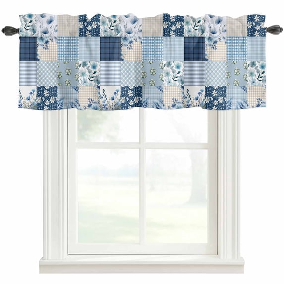 Blue Floral Farmhouse Short Window Curtain Valances, Spring Flowers Plants Patchwork Grid Bohemia Rod Pocket Kitchen Valances for Living Room Bedroom Bathroom Cafe 42" x 18"