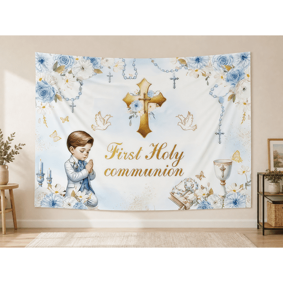Blue Floral First Holy Communion Backdrop