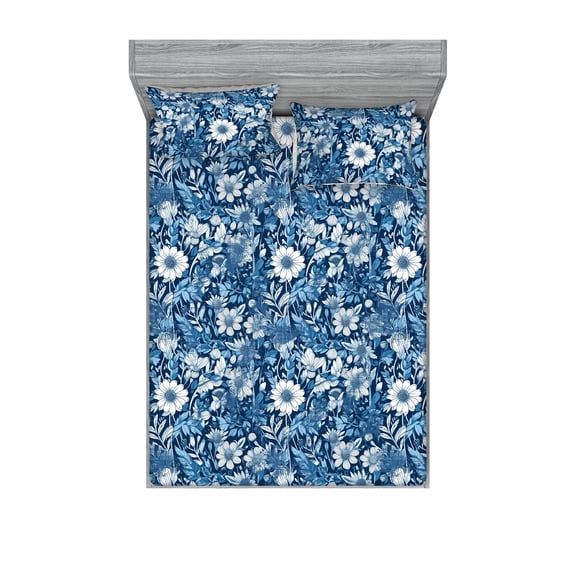 Blue Floral Fitted Sheet & Pillow Sham Set, Vintage Ethnic Themed Pattern of Meadow Daisy Blossoms and Leaves, Decorative Printed 3 Piece Bedding Decor, Full, Dark Sky Blue and White, by Ambesonne