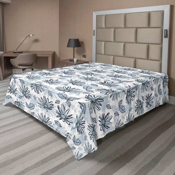 Ambesonne Blue Floral Flat Bedding Sheet Soft Top Sheet, Pastel Summer Flowers, King, Pale Blue Off White