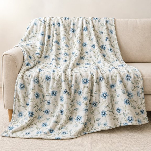 Blue Floral Fleece Throw Blanket - Soft Cottage Botanical Cozy Couch Bed Decor Blanket