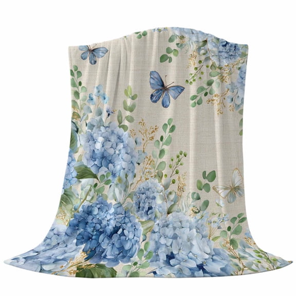 Blue Floral Fleece Throw Blanket Summer Country Hydrangea Floral Butterfly Linen Texture Ultra Soft Fuzzy Cozy Flannel Throw Blanket for Couch Sofa Bed Car Travel, Ideal Gifts 40x50 Inches