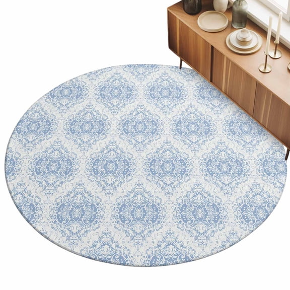 Blue Floral Flower Area Rug, Ethnic Middle East Non-Slip Felt Rubber Backing Round Indoor Carpet Washable Rugs for Living Room Bedroom 8ft