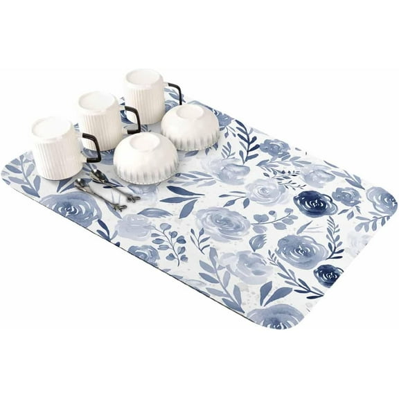 Blue Floral Flower Dish Drying Mat for Kitchen Counter, Super Absorbent Quick Dry Coffee Bar Mat Pad Thin Diatomaceous Sink Mat Dish Drainer Mat 16x18 Watercolor Eucalyptus Floral Spring Botanical