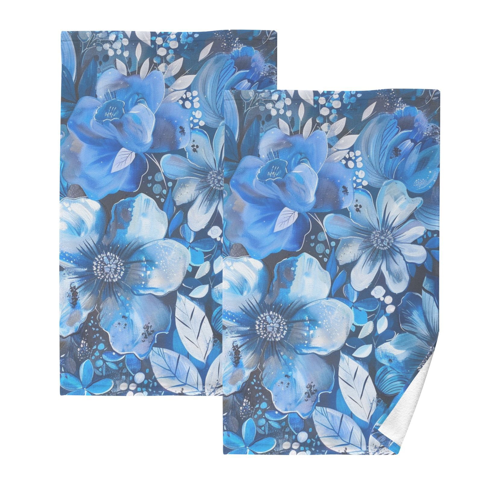 Blue Floral Flowers Hand Towels Cotton Bath Towels Large Face Towels Absorbent for Bathroom 2 Packs