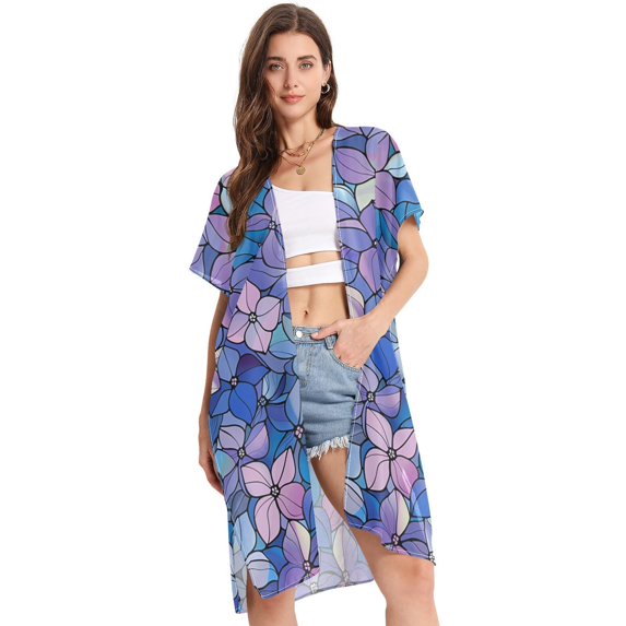 Blue Floral Flowers Women Swimsuit Cover up V Neck Beach Dress Short Sleeve Vacation Outfits Swimwear