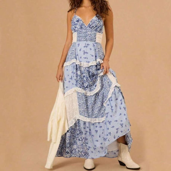 Blue Floral Flowy Maxi Dress With Lace Patchwork Boho Spaghetti Strap Deep V Neck Ruffle Layered Sundress