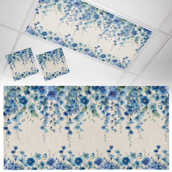 Blue Floral Fluorescent Light Covers Watercolor Spring Gradient Blue Flowers Linen Texture Magnetic Light Filters Ceiling Lighting Panel Shade for Classroom Office Home 2 x 4 ft, 2 Pack