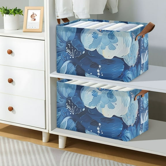 Blue Floral Foldable Storage Large Fabric Storage Baskets Organizer Storage Bins with Handles for Shelves