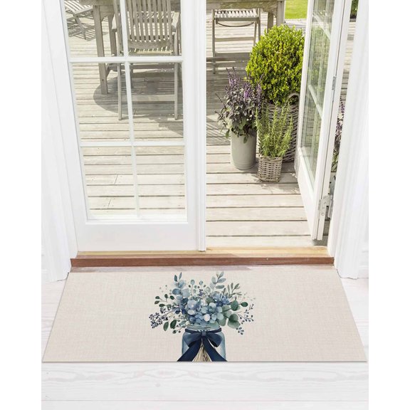 Blue Floral Front Door Mat Pastoral Eucalyptus Leaf Bow Vase Welcome Doormat Indoor Outdoor Entrance Floor Mat Non-Slip Washable Runner Rug for Front Porch Decor 18x60 Inch