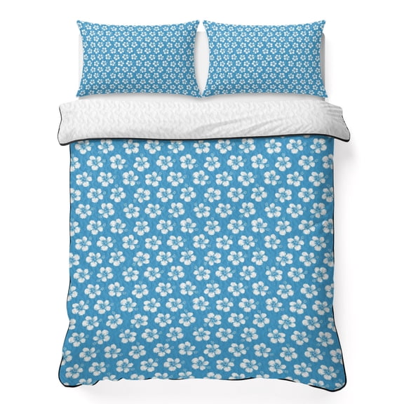 Blue Floral Full Quilt Bedding Set, Retro Floral White Hibiscus Silhouettes Coastal Lightweight Comforter with 2 Pillow Shams Bedroom Bedspread Set Home Decor for All Seasons