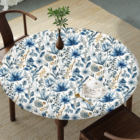 Blue Floral Garden Round Tablecloth – Fitted Circle Table Cover with Elastic Edge, Waterproof & Washable Polyester Table Cloth for 35" to 42" Indoor/Outdoor Tables