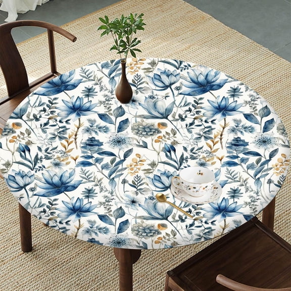 Blue Floral Garden Round Tablecloth – Fitted Circle Table Cover with Elastic Edge, Waterproof & Washable Polyester Table Cloth for 43" to 54" Indoor/Outdoor Tables