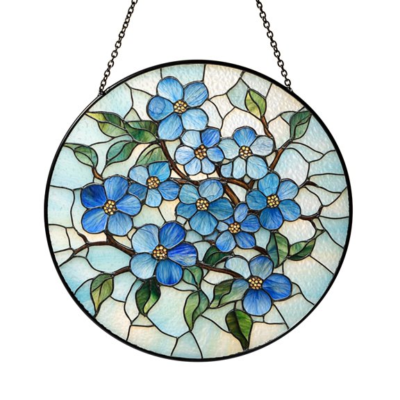 Blue Floral Garden Stained Glass Suncatcher, Delicate Blossom Window Hanging Art, Botanical Decorative Panel for Cottage Style Home Decor