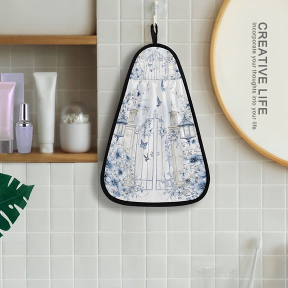 Blue Floral Gate Flowers Birds Hanging Kitchen Towel Machine Washable Hand Towel Bathroom Absorbent Towel Quick Dry Dishcloth