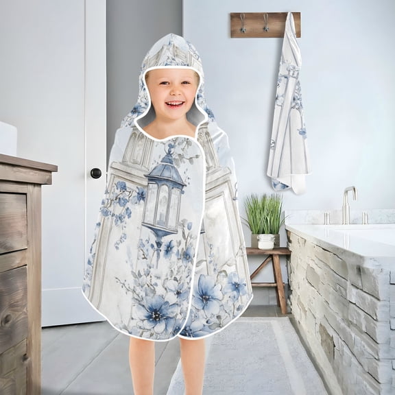 Blue Floral Gate Flowers Birds Toddler Bath Towel Baby Kid Bath Towels Beach Towel Super Soft and Absorbent for Girl Boy