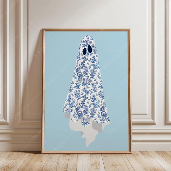 Blue Floral Ghost Wall Art Preppy Halloween Style Decor