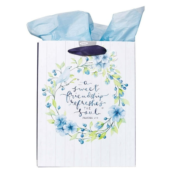 Blue Floral Gift Bag w/Tissue Paper: A Sweet Friend Proverbs 27:9 Verse, Medium