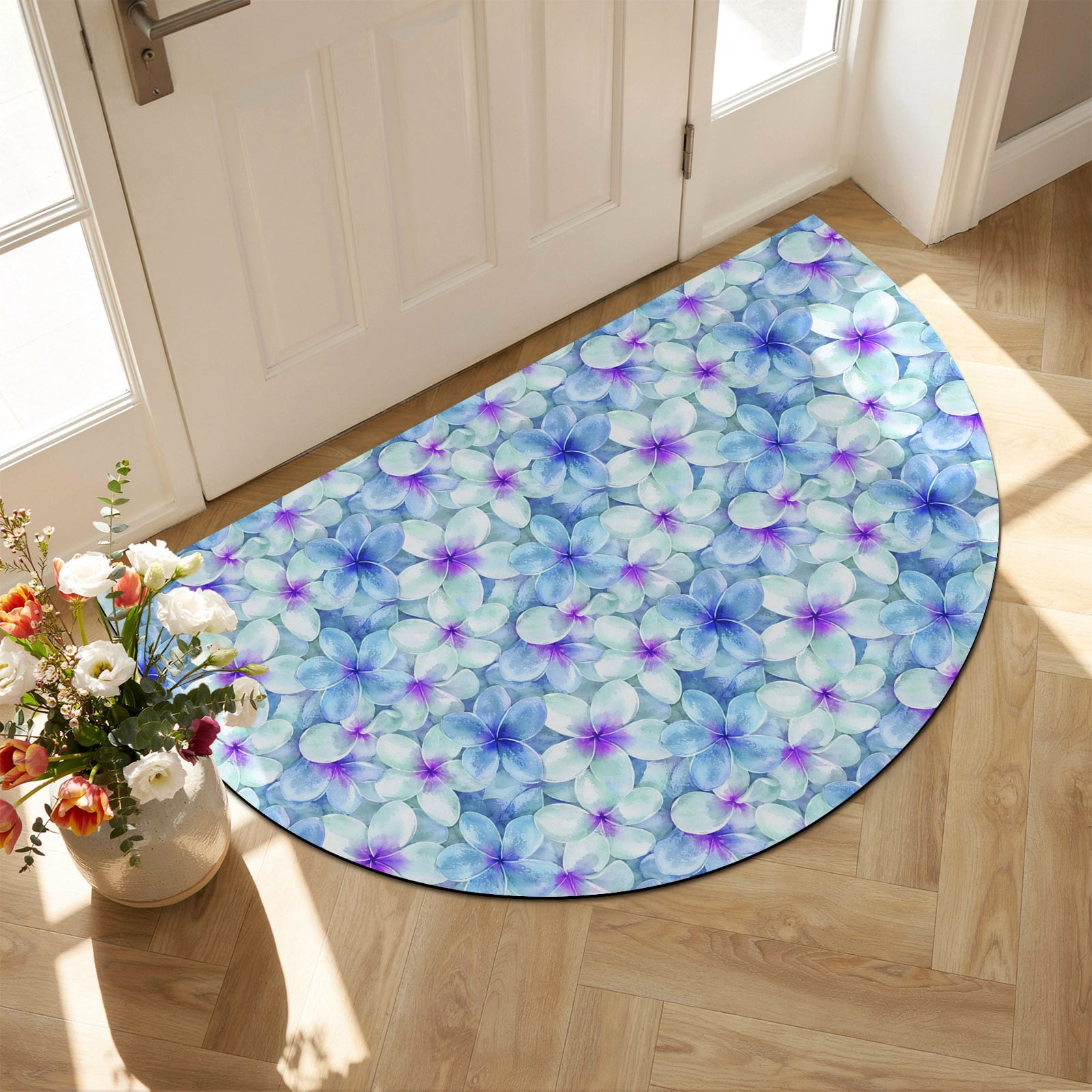 Blue Half Rug Blue Floral Half Round Diatomaceous Earth Doormat, 18