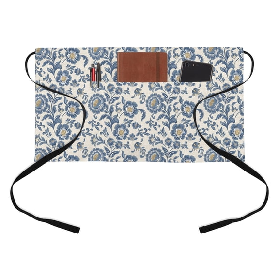 Blue Floral Half Waist Apron Oriental Traditional Ethnic Flower Texture Linen Short Waiter Aprons with 3 Pockets for Women Men Kitchen Restaurant Cooking