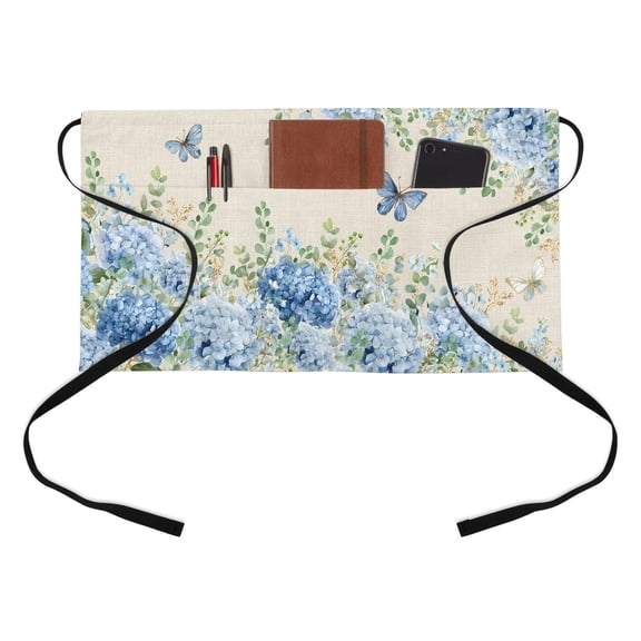 Blue Floral Half Waist Apron Summer Country Hydrangea Floral Butterfly Linen Texture Short Waiter Aprons with 3 Pockets for Women Men Kitchen Restaurant Cooking