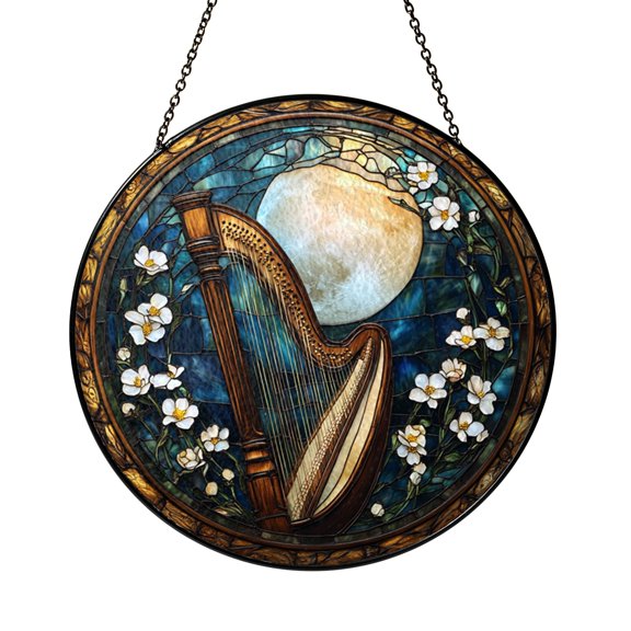 Blue Floral Harp Stained Glass Suncatcher – Musical Window Decor