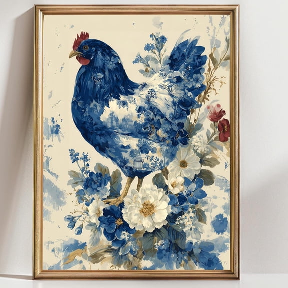 Blue Floral Hen Art Chinoiserie Farmhouse Wall Decor Chicken French Country