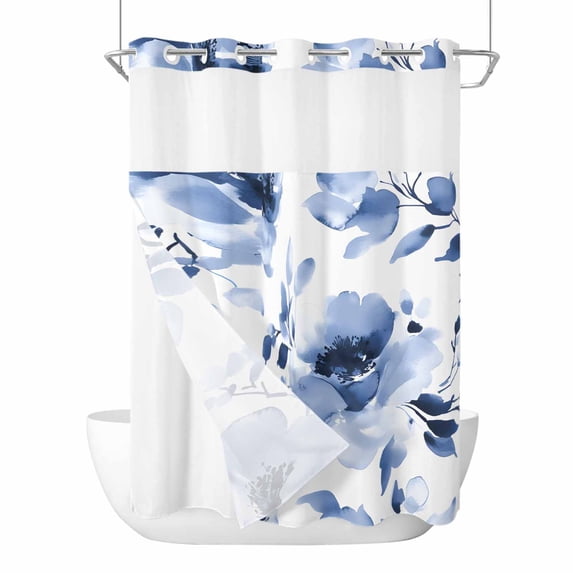 Blue Floral No Hooks Shower Curtain with Snap-in Liner Pastoral Watercolor Spring Blue Flowers Leaves Shower Curtains for Bathroom, Waterproof, Easy Install, Washable 72"x96"