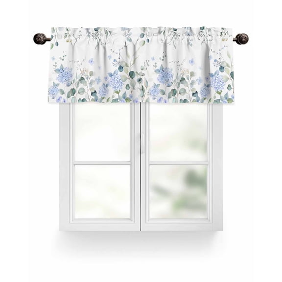 Blue Floral Hydrangeas Kitchen Valances for Windows Rustic Green Leaves Valance Curtains for Kitchen /Living Room/Bedroom/ Bathroom Decor, 54"x18 " ,Rod Pocket 1 Panel, White
