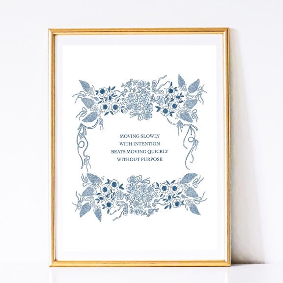 Blue Floral Inspirational Quote Art Print - Victorian Style, Unframed Canvas 16x20in