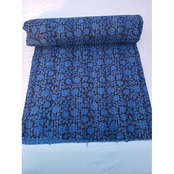 Blue Floral Kantha Quilt Hand block Print Indian Bedding | Handmade Cotton Quilt | Lightweight Bedspread Blanket for Bedroom, 108x108Inch