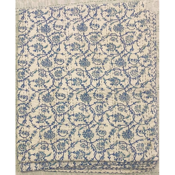 Blue Floral Kantha Quilt: Handmade Indian Cotton Bedspread