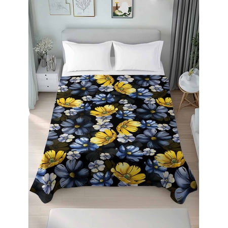 Blue Floral King Size Flat Sheet, Wrinkleproof & Fadeproof Cooling Flat Bed Sheet Only, Vintage Yellow Garden Blossom Flower Breathable Soft Bedding Top Sheets 105 x 98 Inches