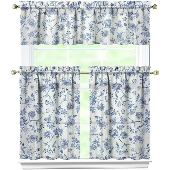 Blue Floral Kitchen Curtain Valance 3 Piece Set, French Farmhouse Kitchen Decor for Home Interior Decor, Blue and White Kitchen Curtains and Valance Set Short Curtain Sink Window Decor 36 Inch